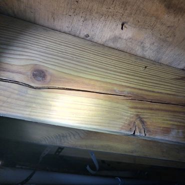 Significant horizontal splitting (checking) in a wooden floor joist found in a Taft crawlspace.