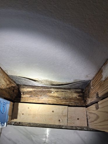 This image reveals the consequences of a long-term moisture intrusion within a wall cavity.