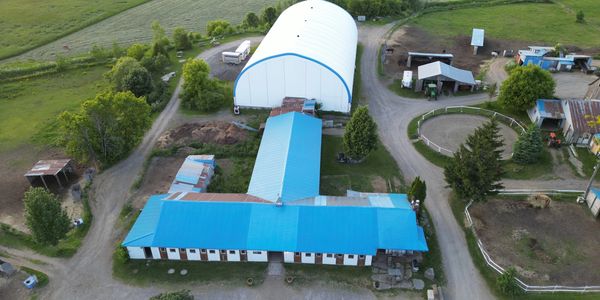 Aerial view of a farm with blue-roofed buildings and green fields.