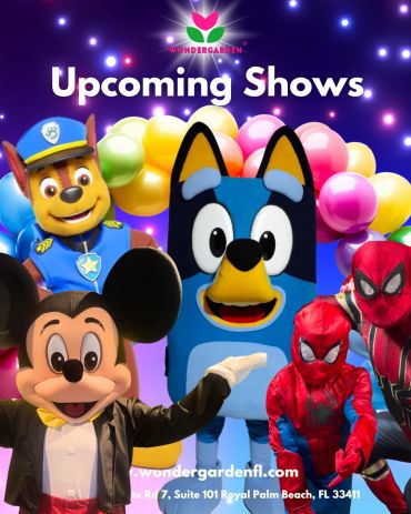 Colorful poster with cartoon characters promoting upcoming shows at Wondergarden.