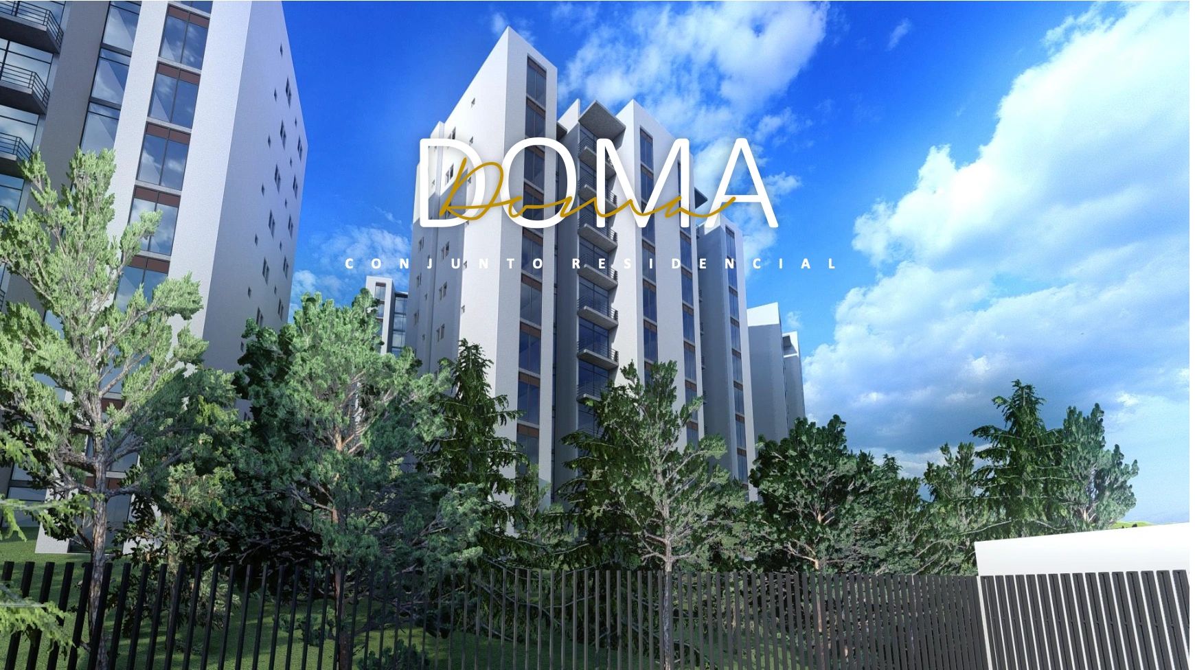 Modern residential buildings surrounded by trees under a blue sky.