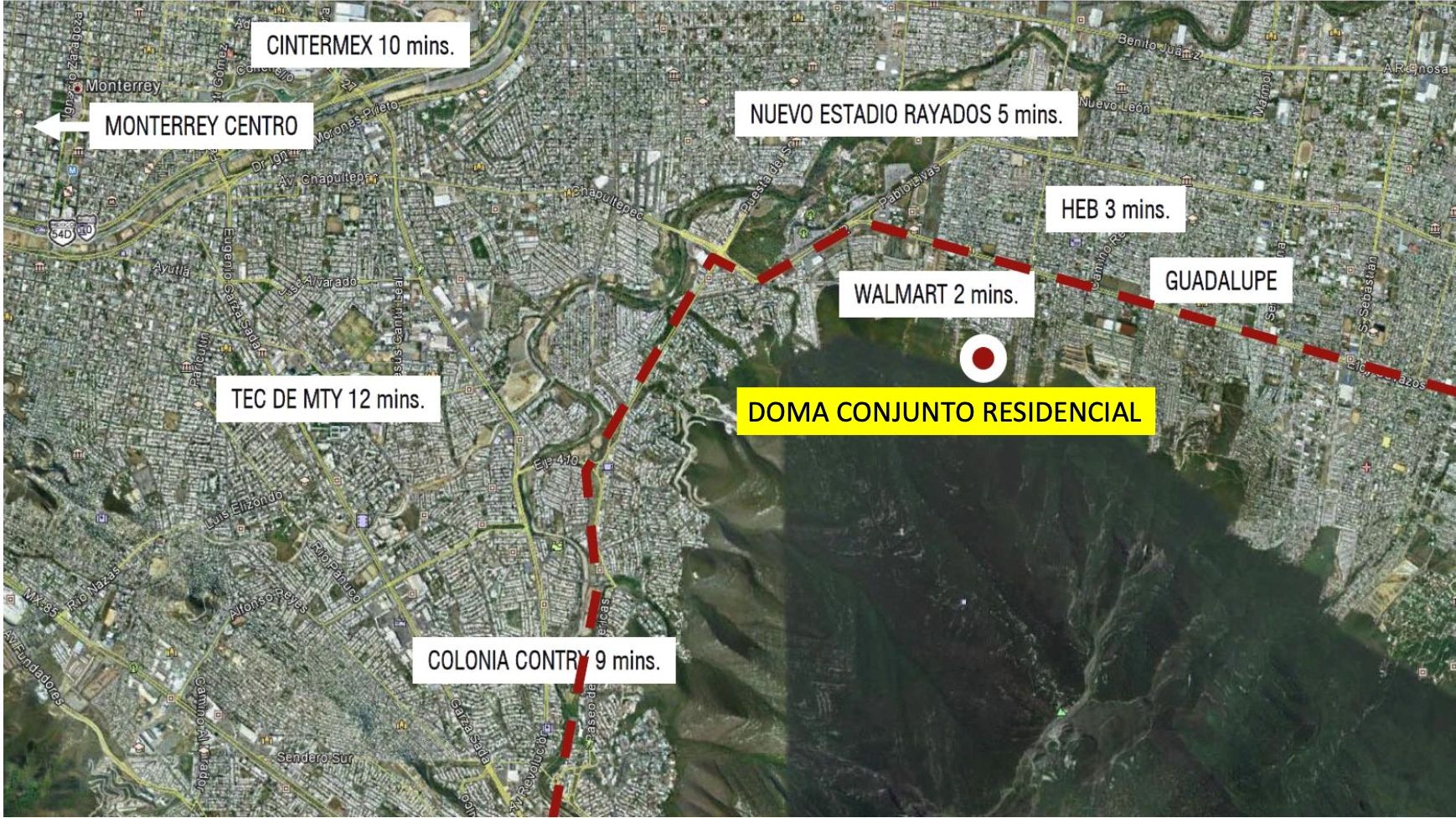 Satellite map showing locations and travel times around Doma Conjunto Residencial in Monterrey, Mexico.