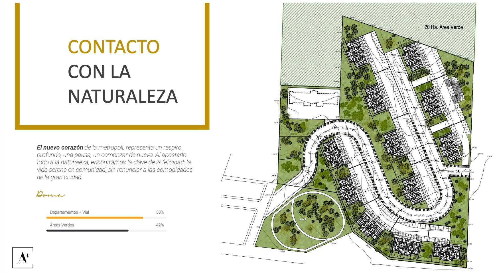 Plano arquitectónico de un desarrollo residencial integrado con áreas verdes.