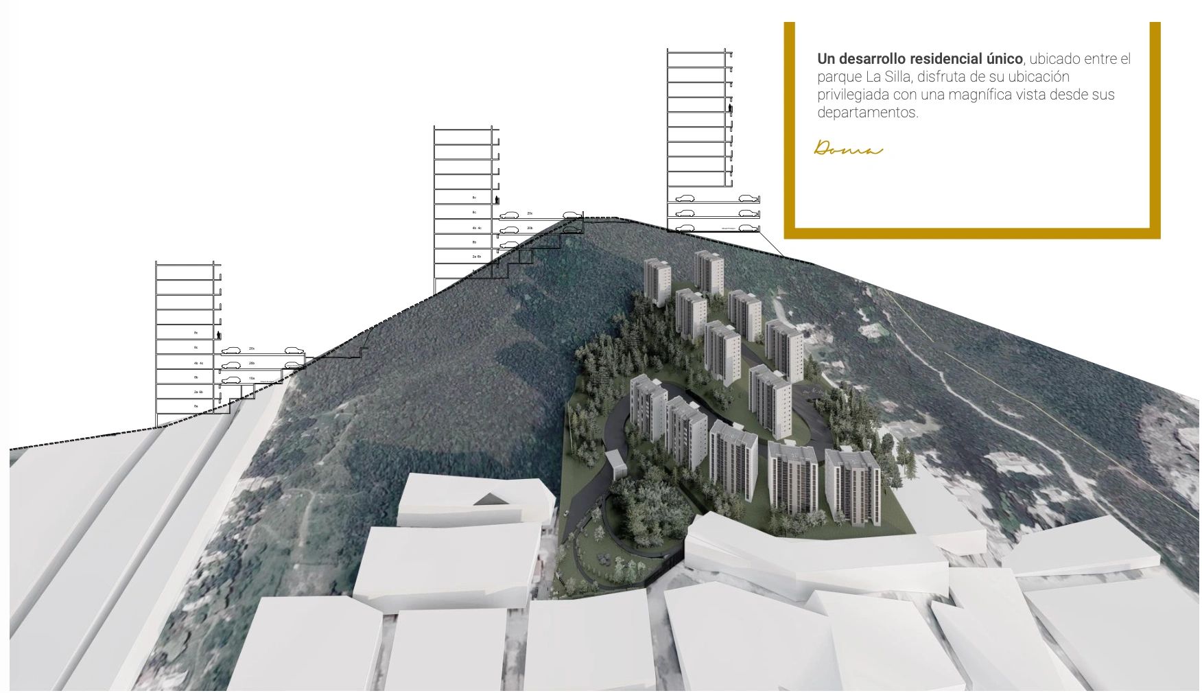Render of a unique residential development near La Silla park with panoramic views.