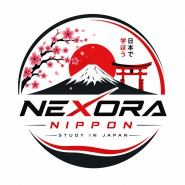 Logo featuring Mount Fuji, cherry blossoms, and a torii gate promoting study in Japan.