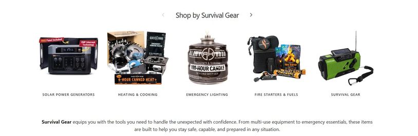 Various survival gear including solar generators, cooking sets, emergency lighting, fire starters, and radios.