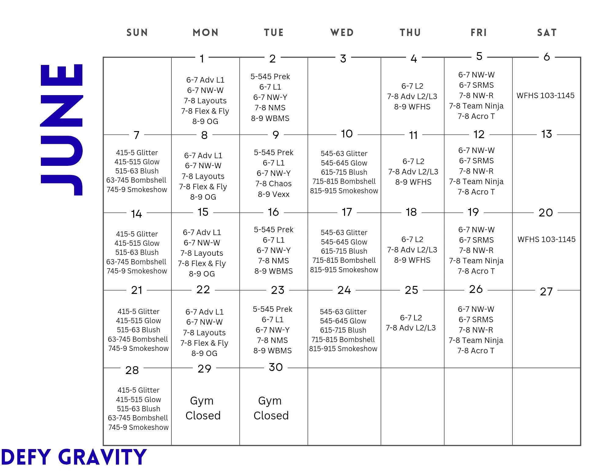 July calendar with scheduled activities and classes.