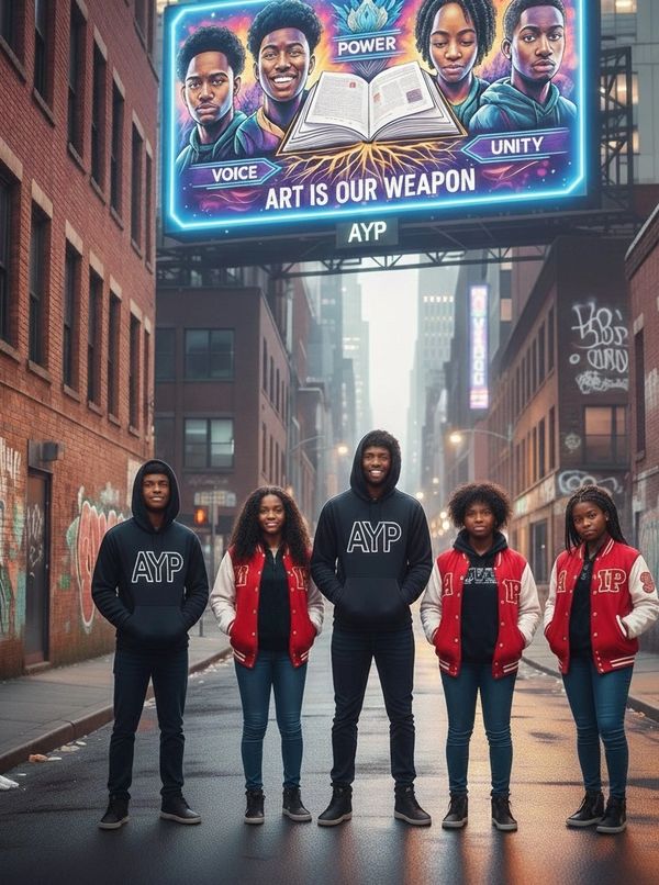 Five young people stand in a city street under a colorful mural promoting art as a weapon.