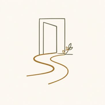 Minimalist illustration of an open door with a winding path and small plant beside it.
