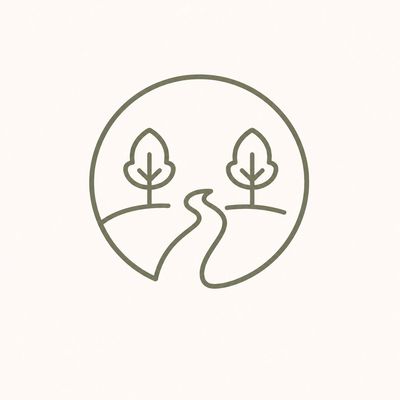 Minimalist logo of a path winding between two trees inside a circle.