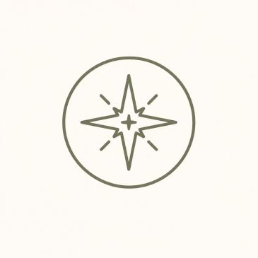 Minimalist compass rose icon inside a circle on a light background.