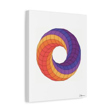 Sunset spiral canvas in vibrant orange and purple on white.