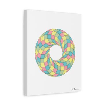 Sweetooth spiral canvas in candy-colored pastel tones of mint, pink, and gold.