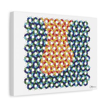 Drip hex canvas with central orange melt effect on blue and green backdrop.