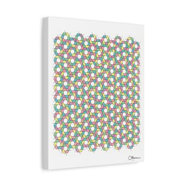 East hex canvas with bright mint, coral, and navy pattern on white.