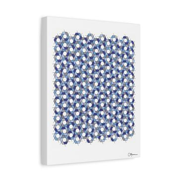 Wings canvas print with layered blue gradient hex pattern and white spacing.