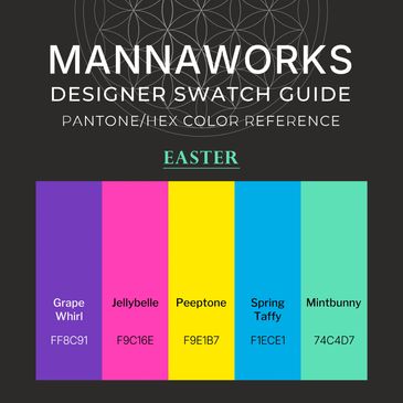 Vibrant Easter color palette swatch featuring five radiant PANTONE and HEX colors—Grape Whirl, Jelly