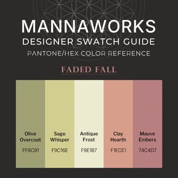 Faded Fall color palette swatch card featuring five curated tones: olive green, sage, antique yellow
