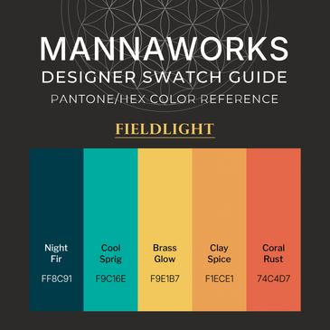 Fieldlight color palette featuring five vertical color bars with HEX and PANTONE codes. Includes dee