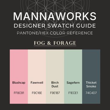 Fog & Forage palette, labeled with HEX codes and nature-inspired names like Blushcap, Fawnveil, and 