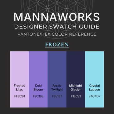 “Frozen designer color palette featuring lilac, icy blue, indigo, navy, and crystal teal swatches on