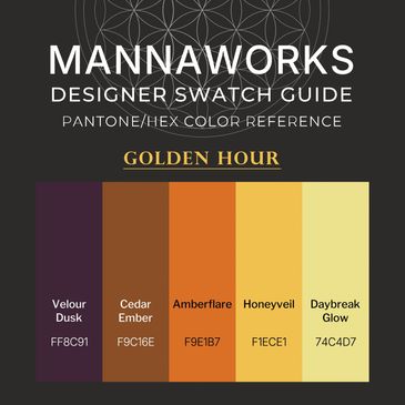 Dark-mode designer swatch card titled “Golden Hour,” featuring five PANTONE/HEX colors from rich plu