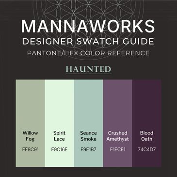 “Haunted color palette card featuring five coordinated swatches in sage green, mint, dusty teal, mut