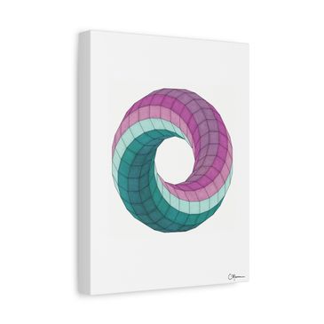 A vertical canvas print featuring a twisted spiral design in teal, magenta, and lavender.