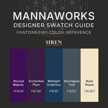 A deep, coastal-inspired designer color palette titled Siren, featuring rich purples, navy blue, sto
