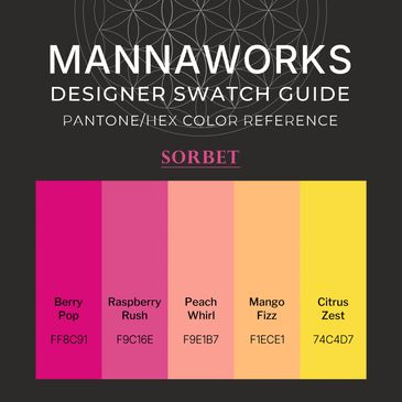 Bright, warm designer color palette titled Sorbet, featuring berry pink, raspberry rose, soft peach,