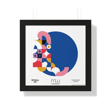 A black frame containing a bold abstract MannaWorks print with a dominant blue circle.