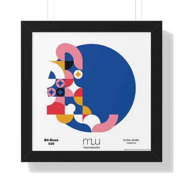 Art Deco 020 — a MannaWorks print with a bold blue circle and retro shapes in pink, gold, black, and