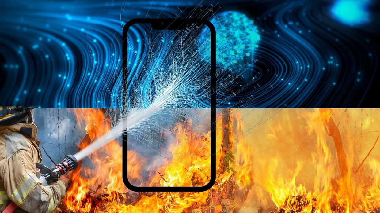 firefighter shooting a hose into a phone screen with fire and streaks of blue behind it.