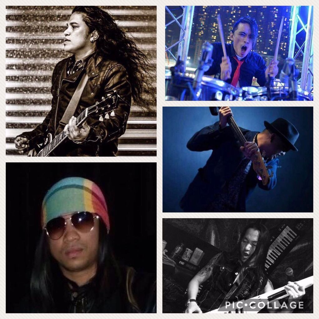 Collage of musicians playing different instruments and one posing.