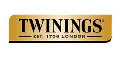 Twinings logo with gold background and black text.