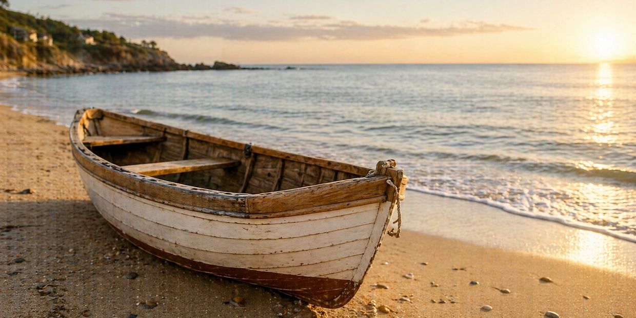 Old wooden boat on a sandy beach at sunset.