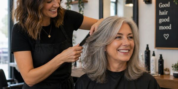 Hairdresser styling a smiling woman's gray hair in a salon.