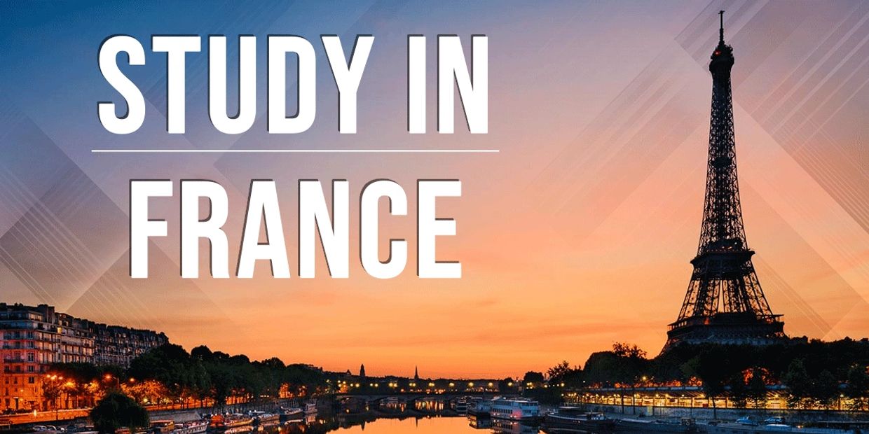 Study in France with Eiffel Tower at sunset.