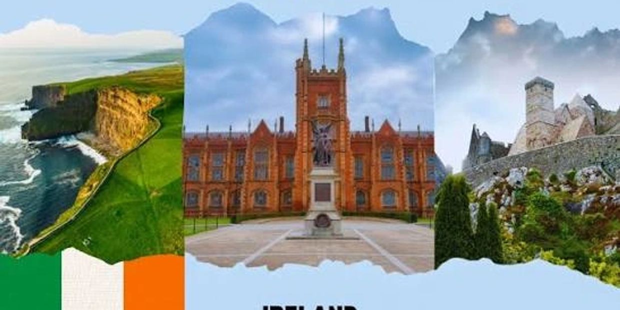 Iconic Irish landmarks blended with the Irish flag.