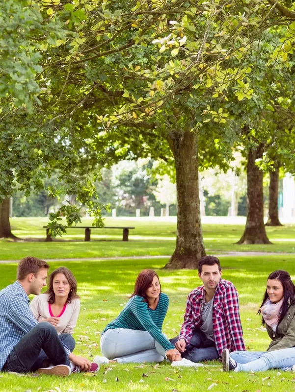 A group of young students sitting in a park