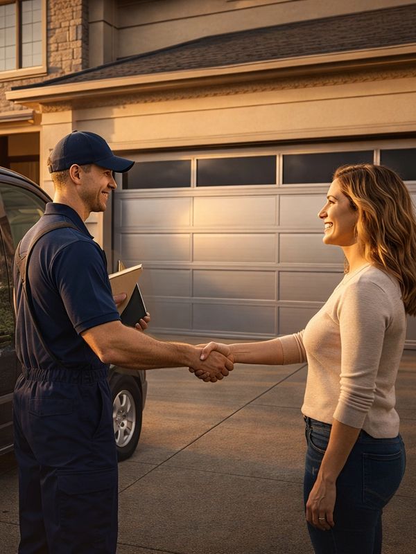 Canton MI Garage Door Repair technician shaking hands with a customer