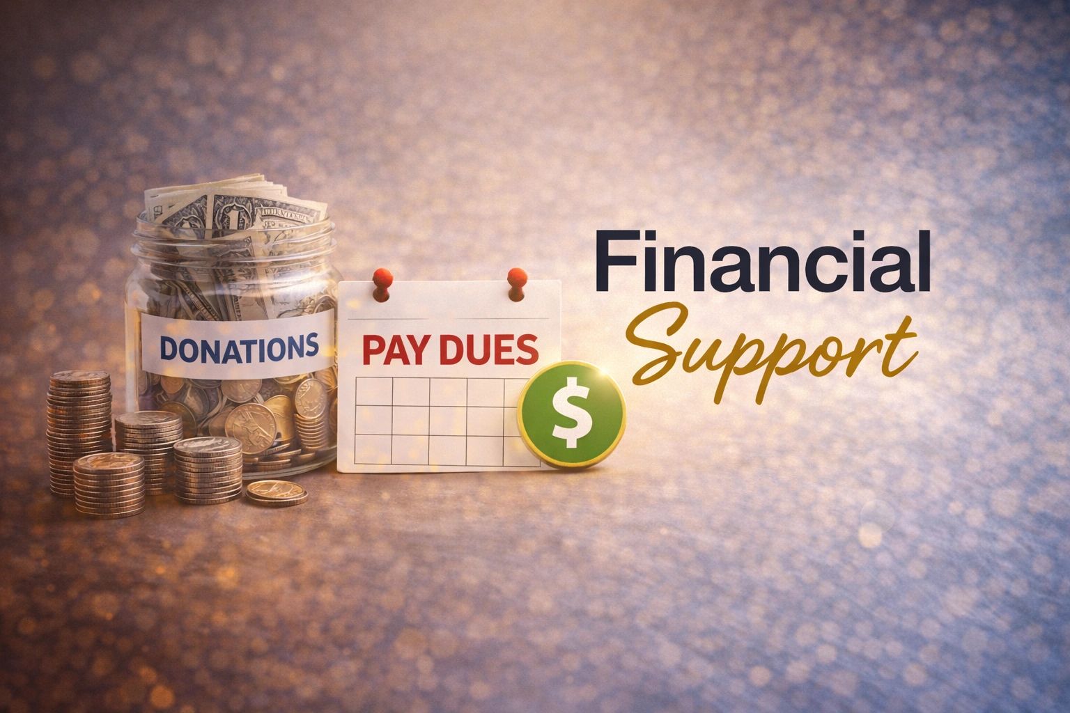 Jar labeled donations with coins and dollars, calendar with pay dues, and text financial support.