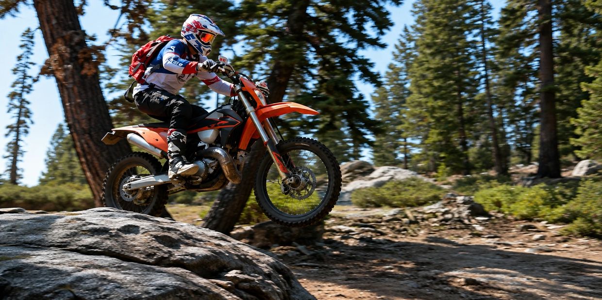 Motorcyclist jumps off a rock in forest.