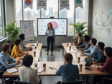Woman leading a workshop on brain growth and wellbeing in a modern office.