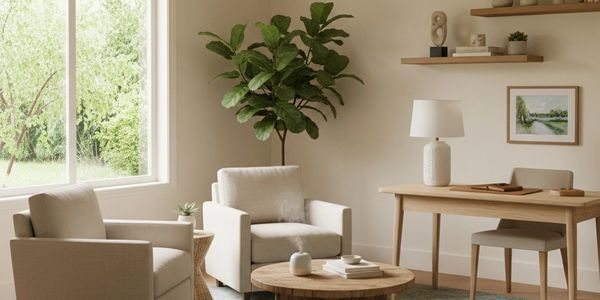 Cozy beige living room with armchairs, a wooden table, and a large green plant.