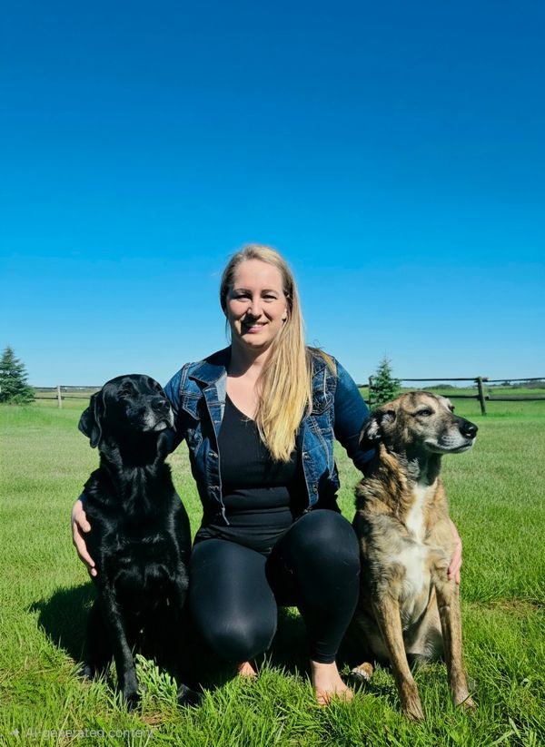 Woman outdoors with two dogs on a sunny day.