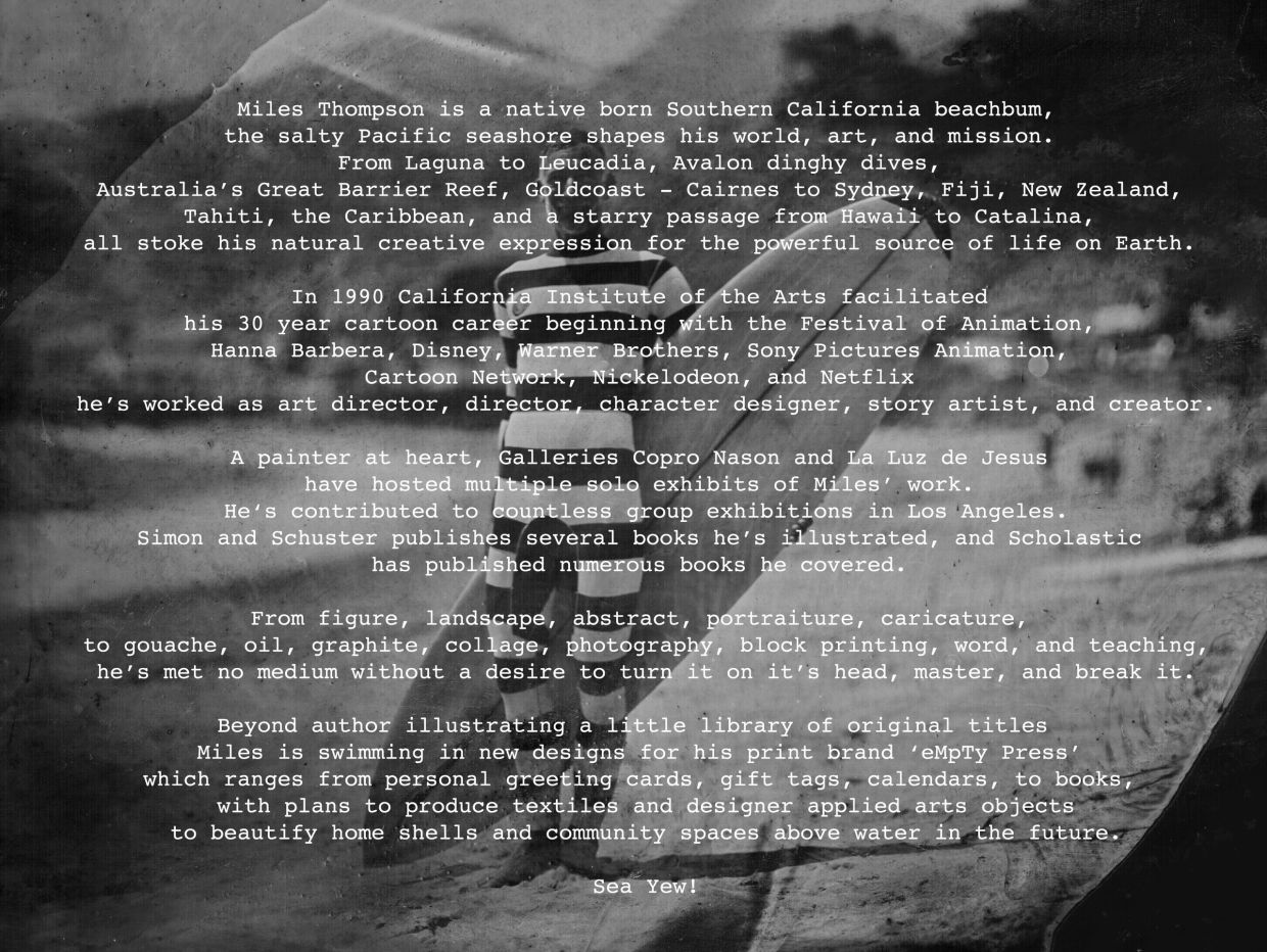 Text detailing the artistic career and background of Miles Thompson, a Southern California beach artist.