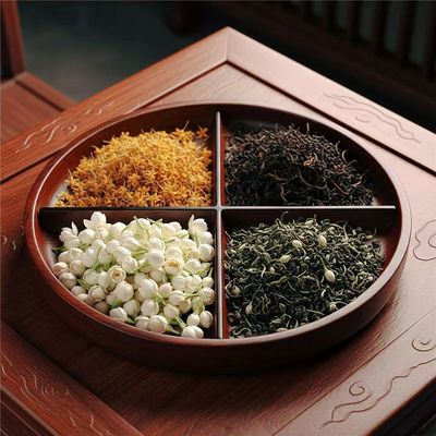 A round wooden tray with four sections holding different dried flowers and tea leaves.