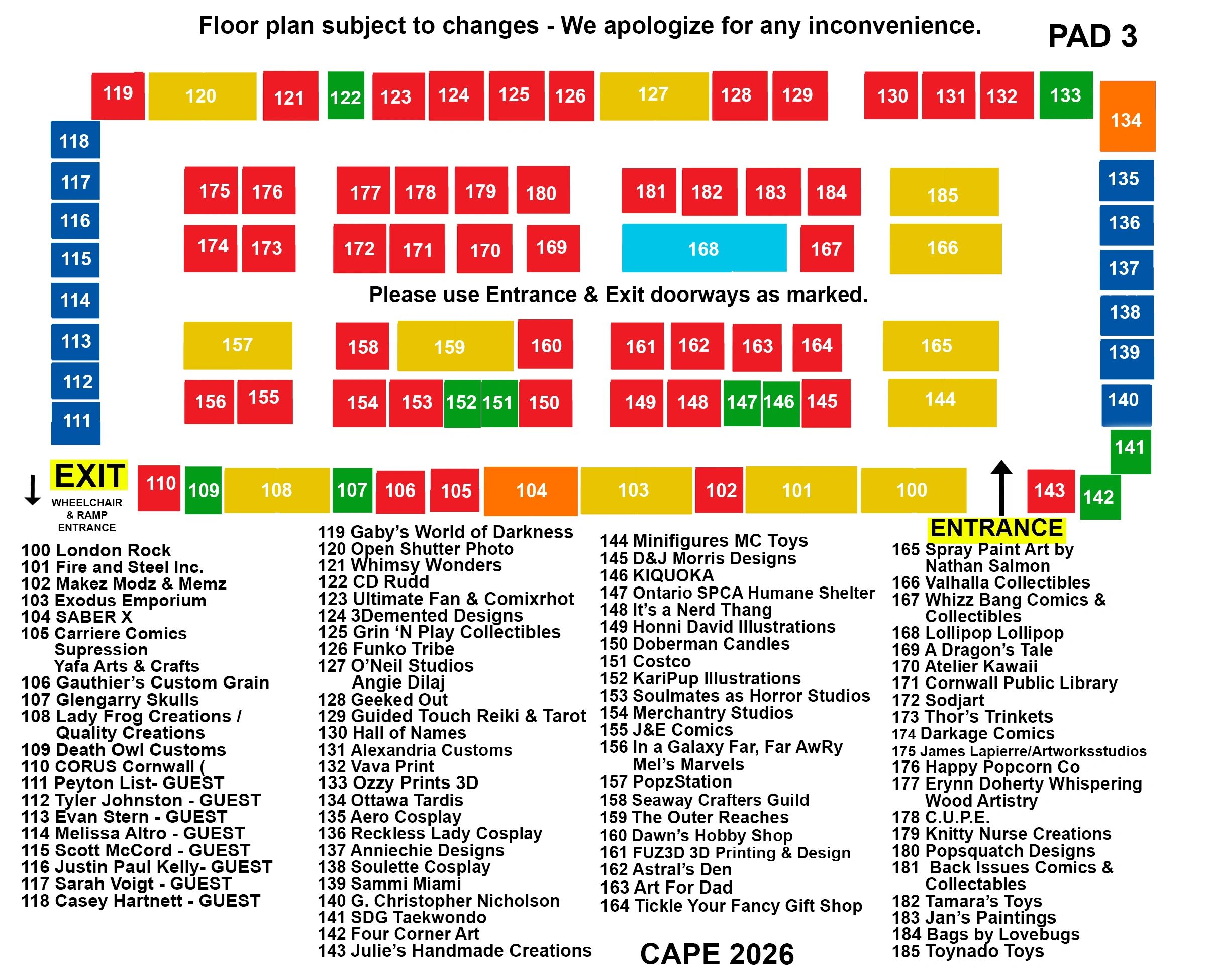 Color-coded floor plan for PAD 3 with vendor names and booth numbers for CAPE 2026.