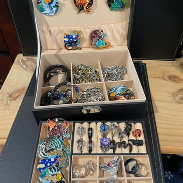 Bling box pins badges bangles Dangly Doodads Logo blue shield medieval chainmaille scalemaille drago